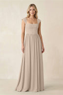 Cap Sleeve Corset A - Line Chiffon Bridesmaid Dress in Almond - SHE IS ME Bridesmaid Dresses