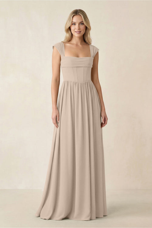 Cap Sleeve Corset A - Line Chiffon Bridesmaid Dress in Almond - SHE IS ME Bridesmaid Dresses