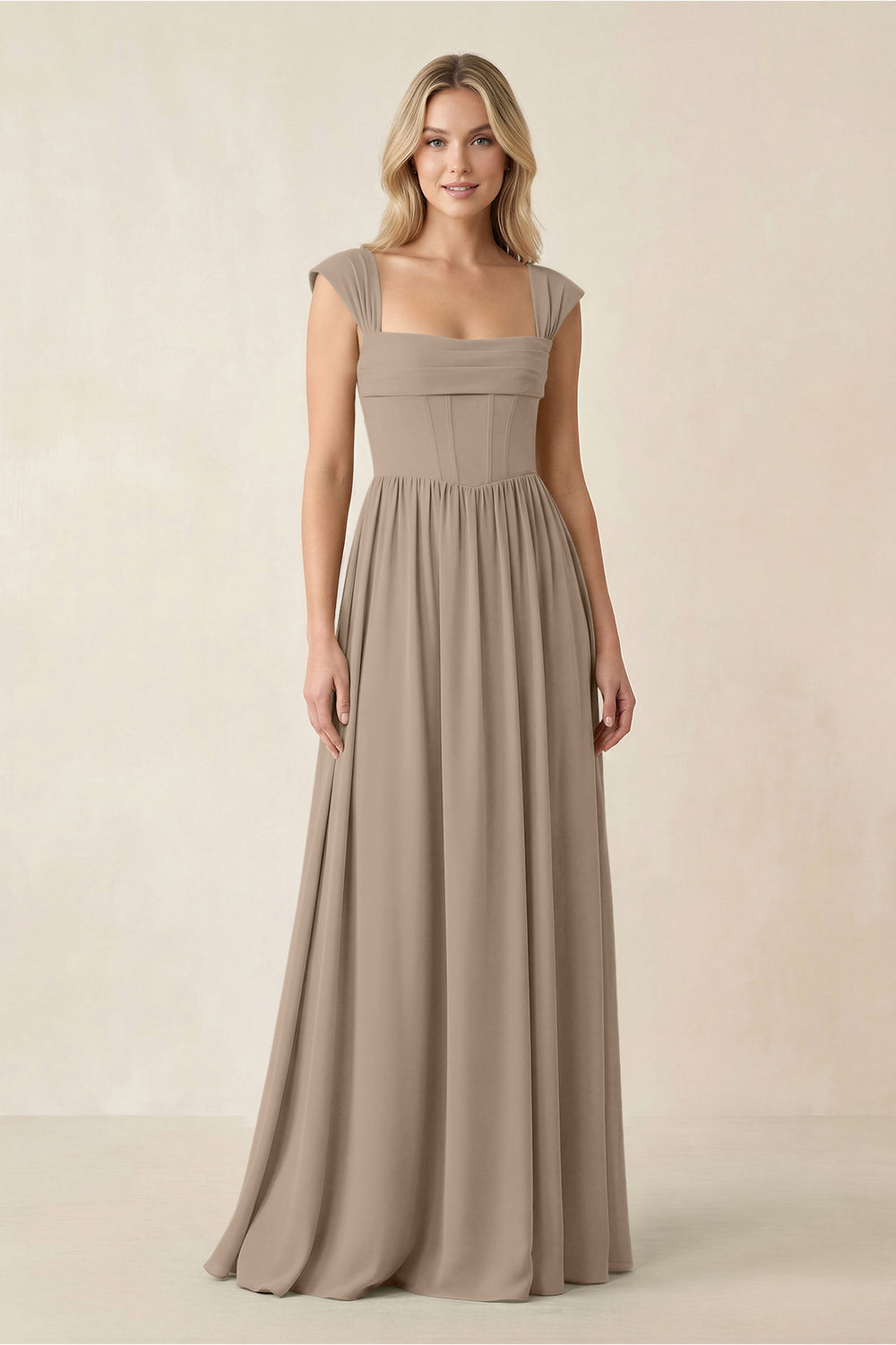Cap Sleeve Corset A-Line Chiffon Bridesmaid Dress in Almond