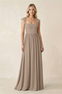 Cap Sleeve Corset A-Line Chiffon Bridesmaid Dress in Almond | KISSBRIDAL