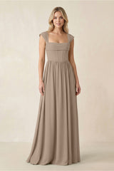 Cap Sleeve Corset A-Line Chiffon Bridesmaid Dress in Almond | KISSBRIDAL