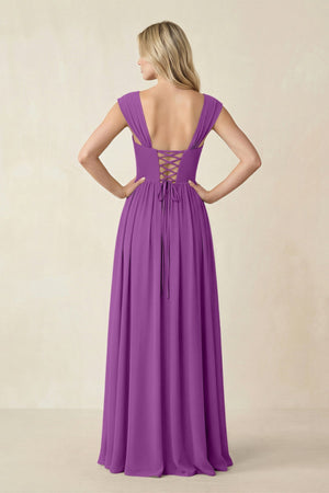 Cap Sleeve Corset A - Line Chiffon Bridesmaid Dress in Amethyst - SHE IS ME Bridesmaid Dresses