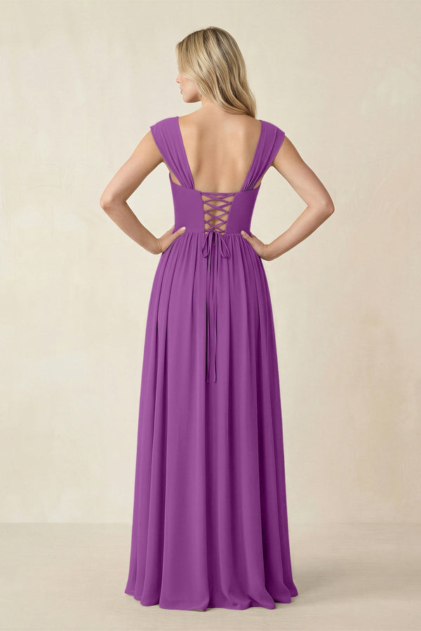 Cap Sleeve Corset A - Line Chiffon Bridesmaid Dress in Amethyst - SHE IS ME Bridesmaid Dresses