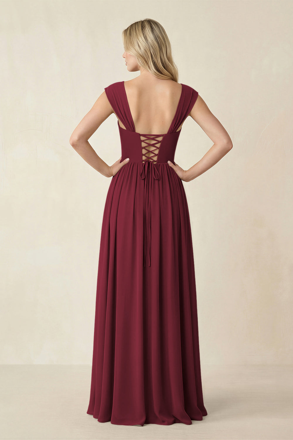 Cap Sleeve Corset A-Line Chiffon Bridesmaid Dress in Berry