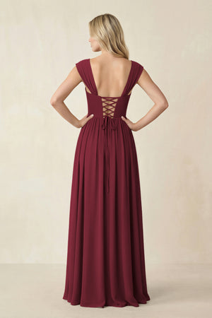 Cap Sleeve Corset A-Line Chiffon Bridesmaid Dress in Berry (2) | KISSBRIDAL