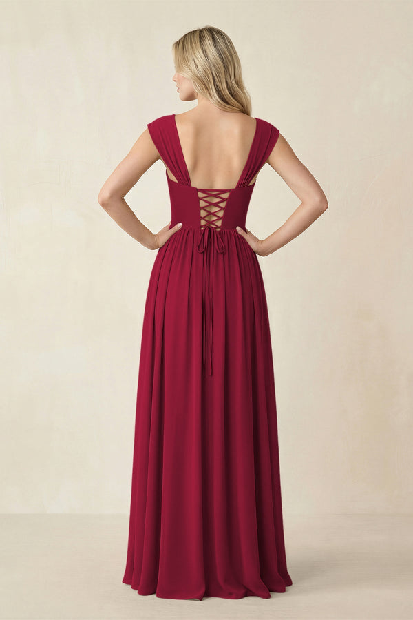 Cap Sleeve Corset A - Line Chiffon Bridesmaid Dress in Berry - SHE IS ME Bridesmaid Dresses