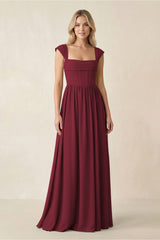 Cap Sleeve Corset A-Line Chiffon Bridesmaid Dress in Berry | KISSBRIDAL