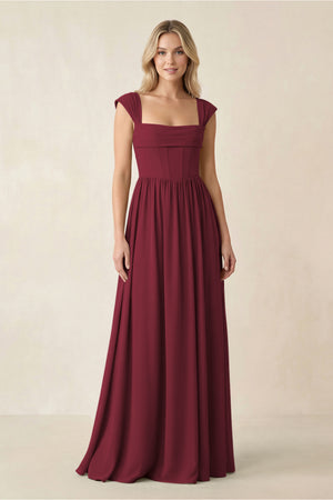 Cap Sleeve Corset A-Line Chiffon Bridesmaid Dress in Berry | KISSBRIDAL