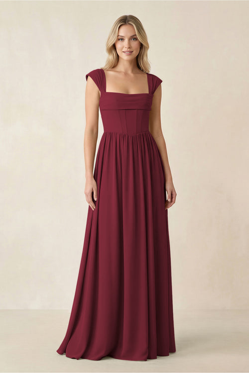 Cap Sleeve Corset A-Line Chiffon Bridesmaid Dress in Berry | KISSBRIDAL