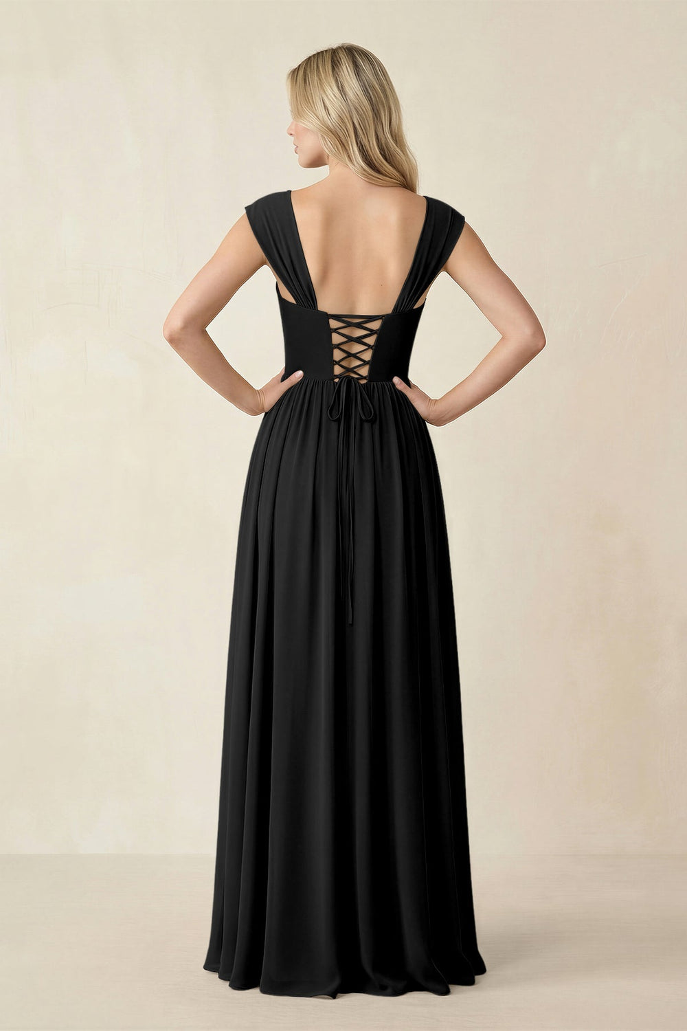 Cap Sleeve Corset A - Line Chiffon Bridesmaid Dress in Black - KISS BRIDAL Bridesmaid Dresses