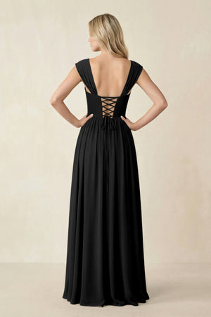 Cap Sleeve Corset A - Line Chiffon Bridesmaid Dress in Black - SHE IS ME Bridesmaid Dresses