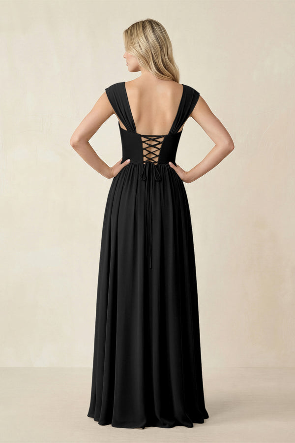 Cap Sleeve Corset A - Line Chiffon Bridesmaid Dress in Black - SHE IS ME Bridesmaid Dresses