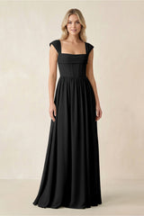 Cap Sleeve Corset A - Line Chiffon Bridesmaid Dress in Black - KISS BRIDAL Bridesmaid Dresses