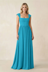 Cap Sleeve Corset A - Line Chiffon Bridesmaid Dress in Blue Jay - KISS BRIDAL Bridesmaid Dresses