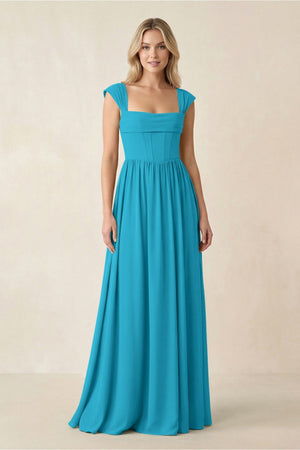 Cap Sleeve Corset A - Line Chiffon Bridesmaid Dress in Blue Jay - SHE IS ME Bridesmaid Dresses