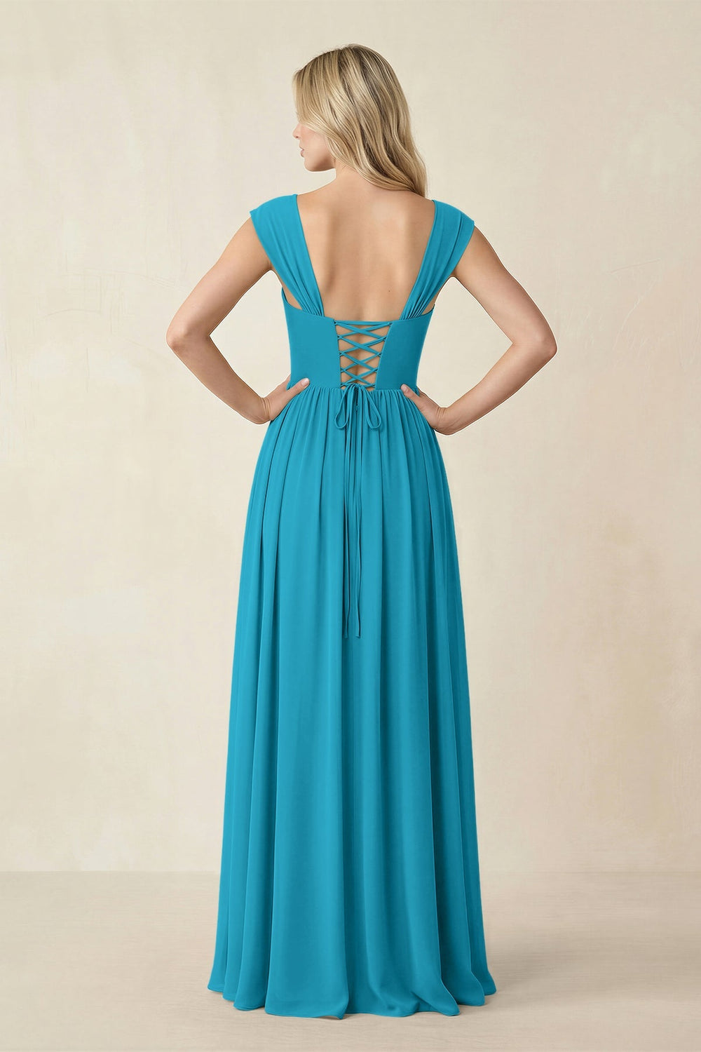 Cap Sleeve Corset A - Line Chiffon Bridesmaid Dress in Blue Jay - KISS BRIDAL Bridesmaid Dresses