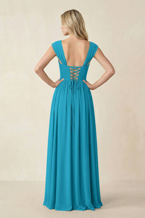 Cap Sleeve Corset A - Line Chiffon Bridesmaid Dress in Blue Jay - SHE IS ME Bridesmaid Dresses