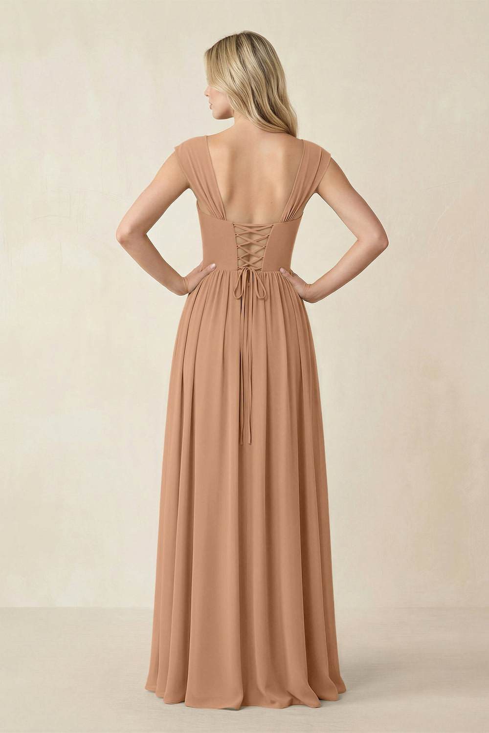 Cap Sleeve Corset A - Line Chiffon Bridesmaid Dress in Bronzer - KISS BRIDAL Bridesmaid Dresses