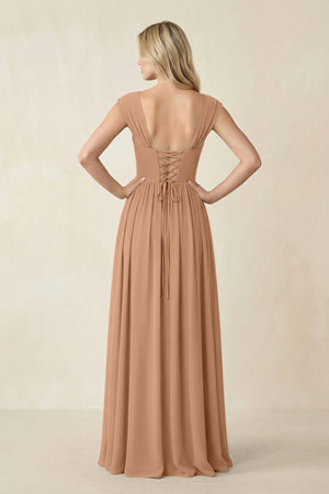 Cap Sleeve Corset A - Line Chiffon Bridesmaid Dress in Bronzer - SHE IS ME Bridesmaid Dresses