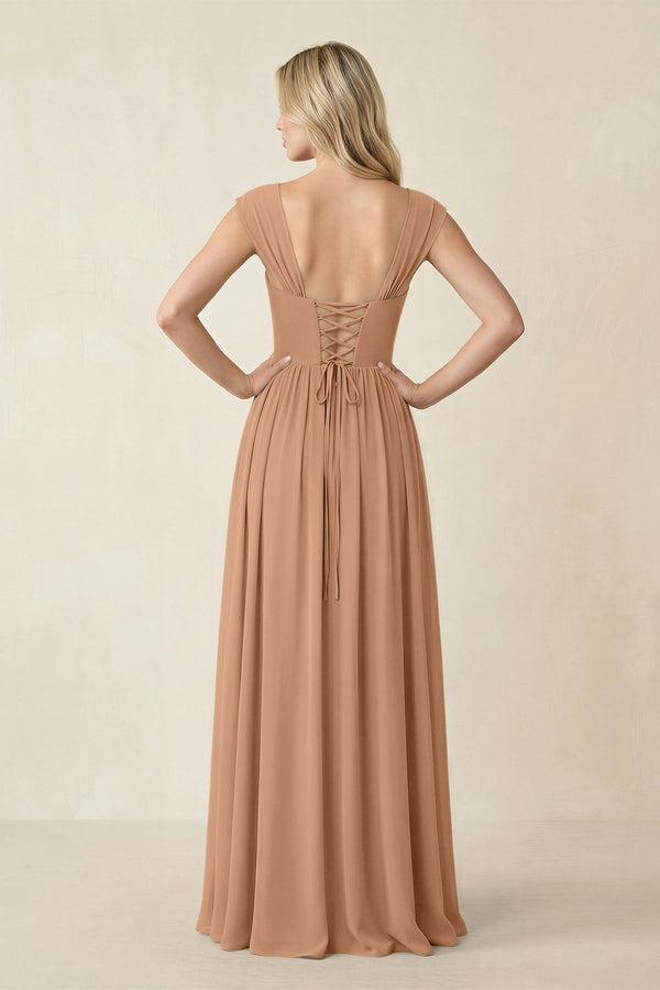Cap Sleeve Corset A - Line Chiffon Bridesmaid Dress in Bronzer - SHE IS ME Bridesmaid Dresses