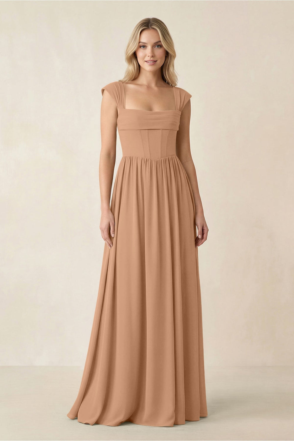 Cap Sleeve Corset A - Line Chiffon Bridesmaid Dress in Bronzer - KISS BRIDAL Bridesmaid Dresses