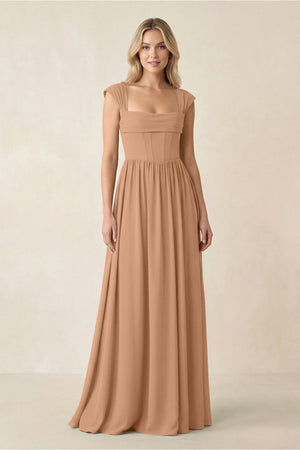 Cap Sleeve Corset A - Line Chiffon Bridesmaid Dress in Bronzer - SHE IS ME Bridesmaid Dresses