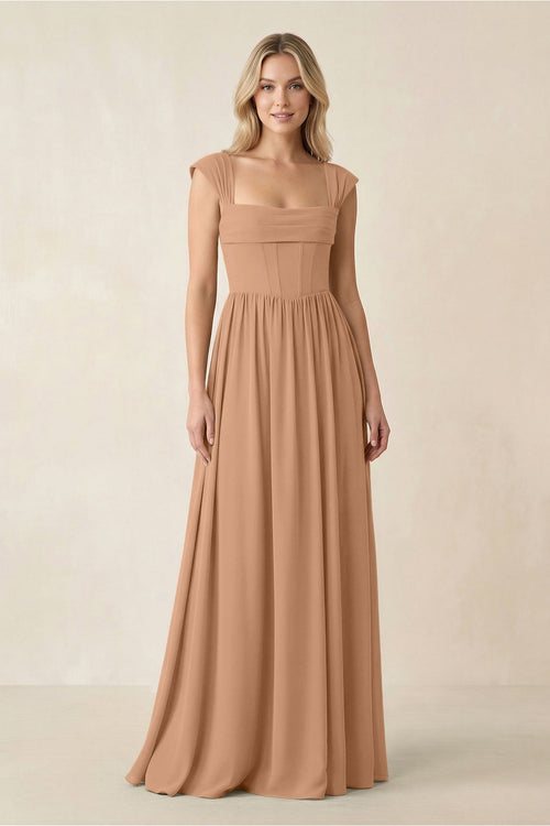 Cap Sleeve Corset A - Line Chiffon Bridesmaid Dress in Bronzer - SHE IS ME Bridesmaid Dresses
