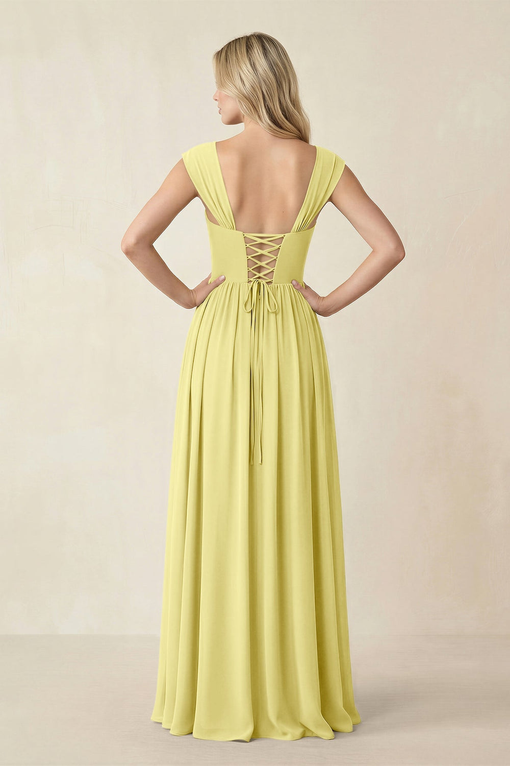 Cap Sleeve Corset A - Line Chiffon Bridesmaid Dress in Buttercup - KISS BRIDAL Bridesmaid Dresses