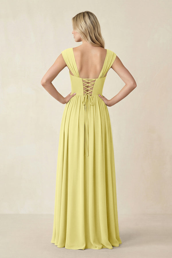 Cap Sleeve Corset A - Line Chiffon Bridesmaid Dress in Buttercup - SHE IS ME Bridesmaid Dresses