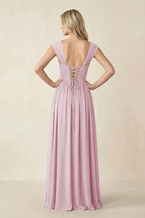 Cap Sleeve Corset A-Line Chiffon Bridesmaid Dress in Candy Pink (2) | KISSBRIDAL