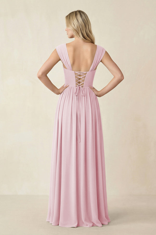 Cap Sleeve Corset A - Line Chiffon Bridesmaid Dress in Candy Pink - SHE IS ME Bridesmaid Dresses