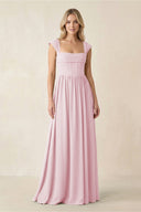 Cap Sleeve Corset A - Line Chiffon Bridesmaid Dress in Candy Pink - SHE IS ME Bridesmaid Dresses