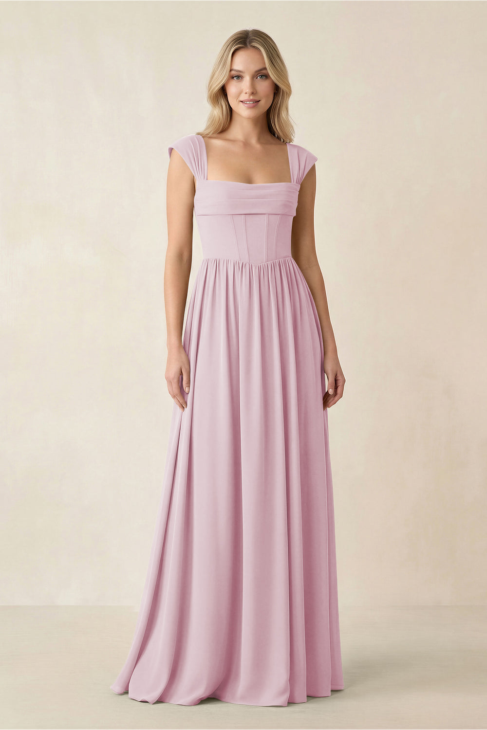 Cap Sleeve Corset A-Line Chiffon Bridesmaid Dress in Candy Pink