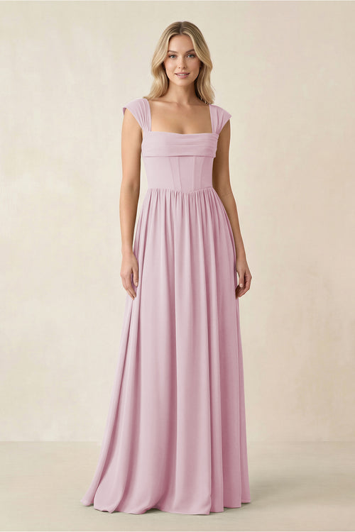 Cap Sleeve Corset A-Line Chiffon Bridesmaid Dress in Candy Pink | KISSBRIDAL