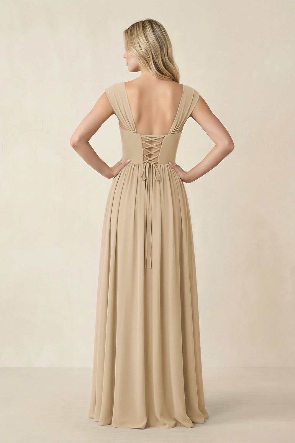 Cap Sleeve Corset A-Line Chiffon Bridesmaid Dress in Champagne