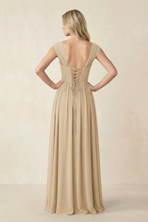 Cap Sleeve Corset A-Line Chiffon Bridesmaid Dress in Champagne (2) | KISSBRIDAL