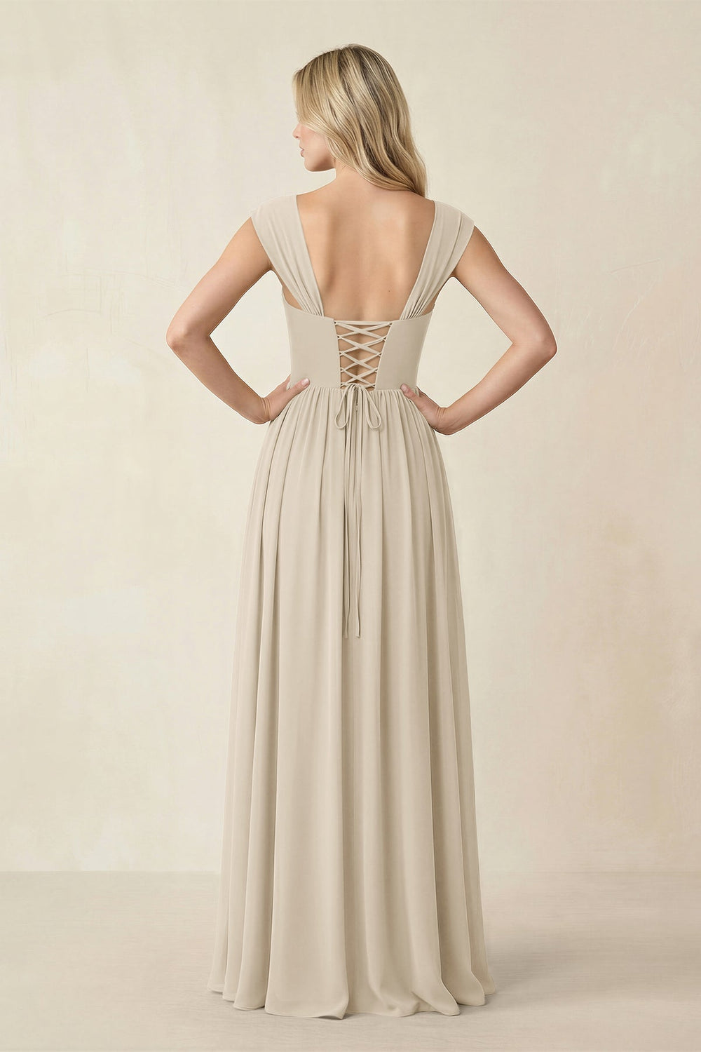 Cap Sleeve Corset A - Line Chiffon Bridesmaid Dress in Champagne - KISS BRIDAL Bridesmaid Dresses
