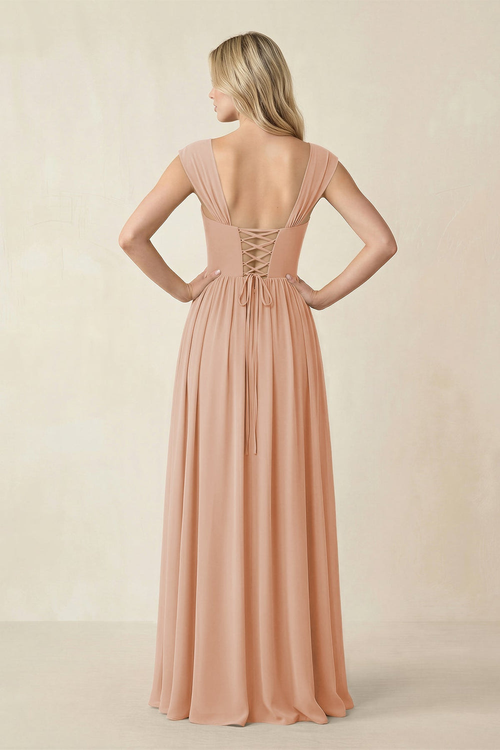 Cap Sleeve Corset A - Line Chiffon Bridesmaid Dress in Champagne Rose - KISS BRIDAL Bridesmaid Dresses