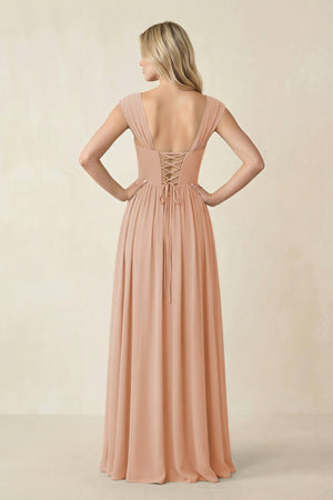 Cap Sleeve Corset A - Line Chiffon Bridesmaid Dress in Champagne Rose - SHE IS ME Bridesmaid Dresses