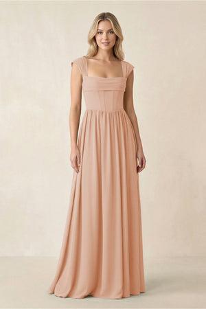 Cap Sleeve Corset A - Line Chiffon Bridesmaid Dress in Champagne Rose - SHE IS ME Bridesmaid Dresses