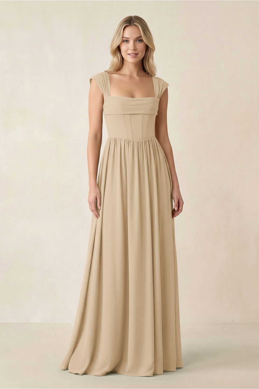 Cap Sleeve Corset A-Line Chiffon Bridesmaid Dress in Champagne