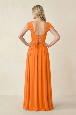 Cap Sleeve Corset A - Line Chiffon Bridesmaid Dress in Cinnamon - SHE IS ME Bridesmaid Dresses