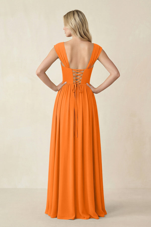 Cap Sleeve Corset A - Line Chiffon Bridesmaid Dress in Cinnamon - SHE IS ME Bridesmaid Dresses