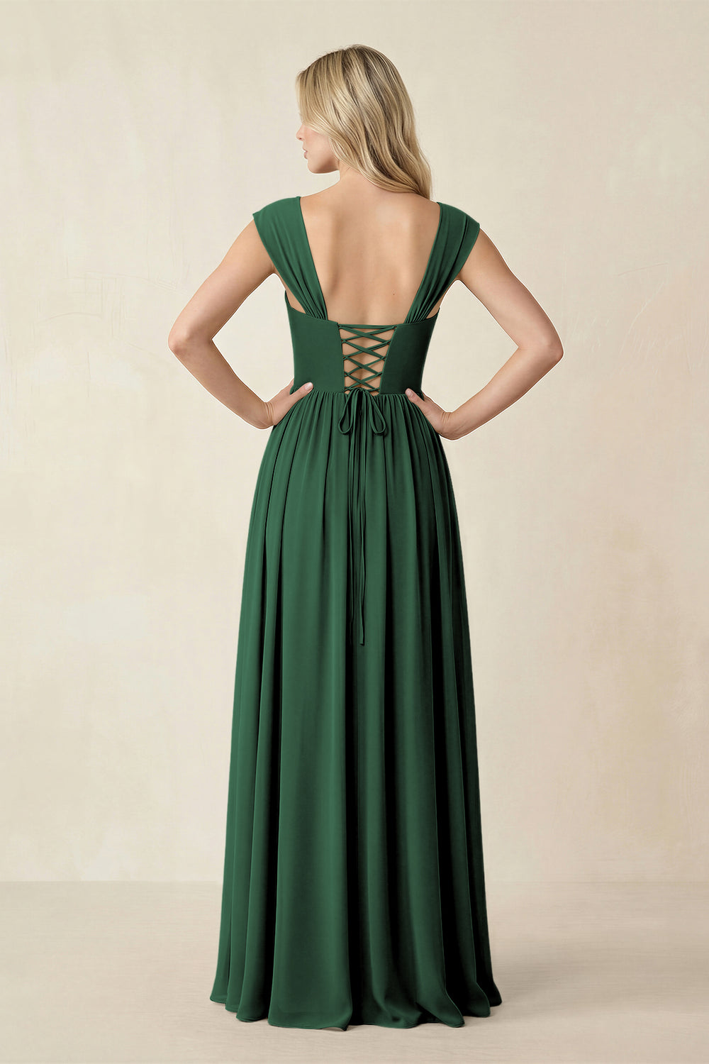 Cap Sleeve Corset A-Line Chiffon Bridesmaid Dress in Dark Green