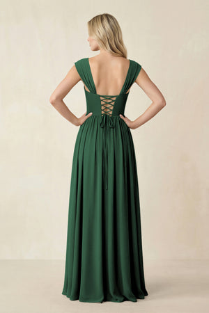 Cap Sleeve Corset A-Line Chiffon Bridesmaid Dress in Dark Green (2) | KISSBRIDAL