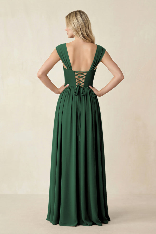 Cap Sleeve Corset A-Line Chiffon Bridesmaid Dress in Dark Green (2) | KISSBRIDAL