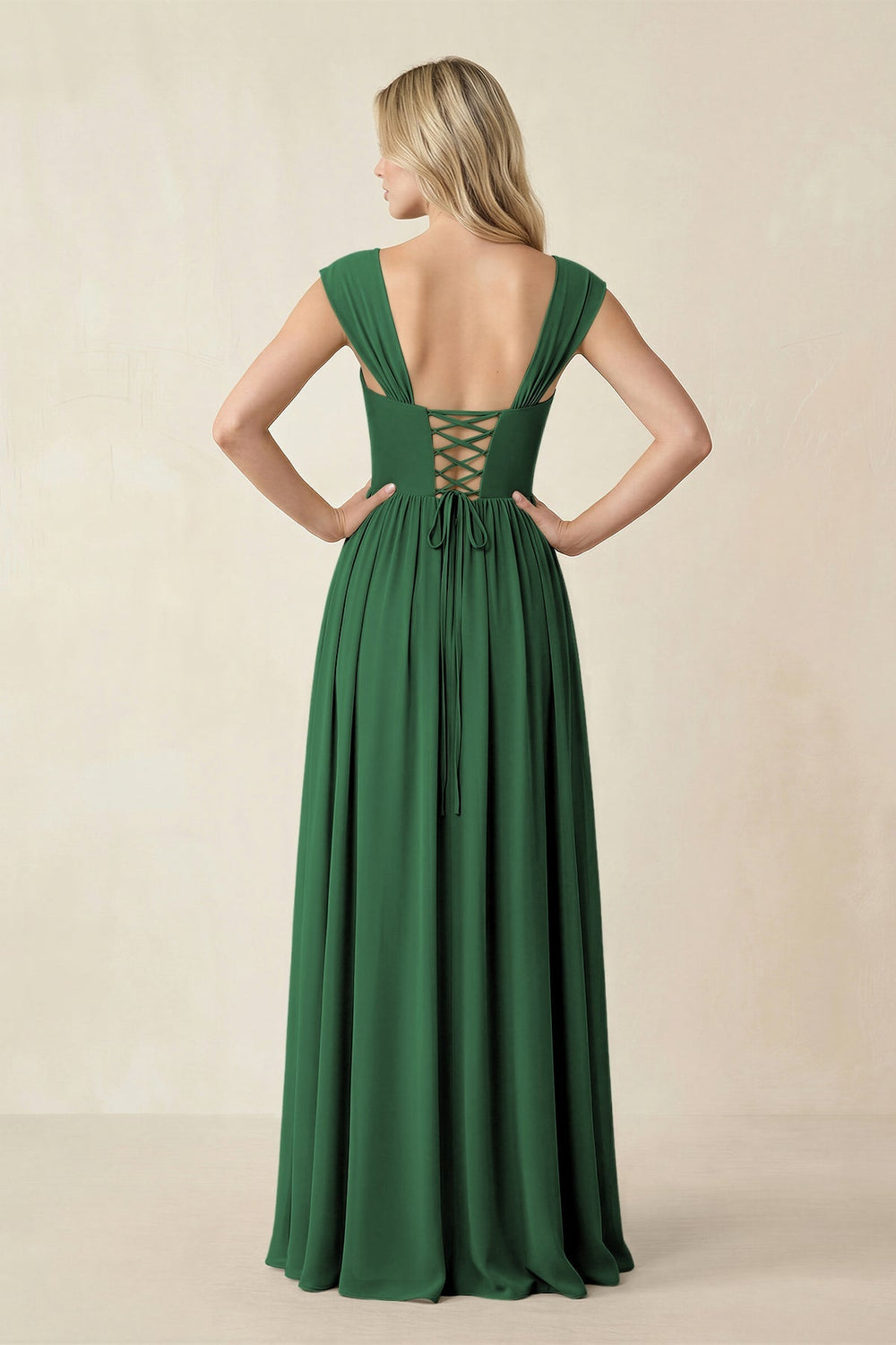 Cap Sleeve Corset A - Line Chiffon Bridesmaid Dress in Dark Green - KISS BRIDAL Bridesmaid Dresses