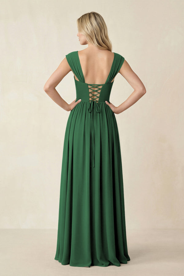 Cap Sleeve Corset A - Line Chiffon Bridesmaid Dress in Dark Green - SHE IS ME Bridesmaid Dresses