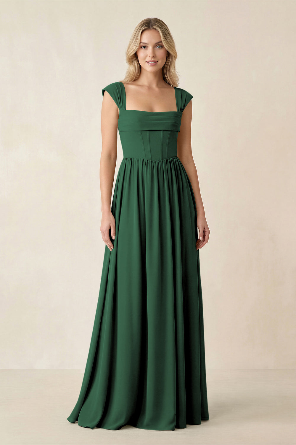 Cap Sleeve Corset A-Line Chiffon Bridesmaid Dress in Dark Green