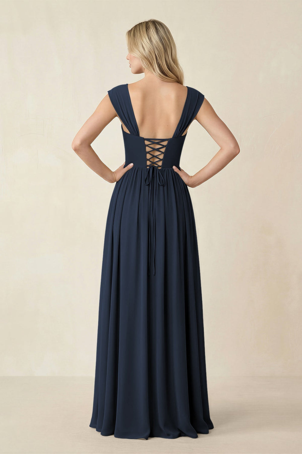 Cap Sleeve Corset A - Line Chiffon Bridesmaid Dress in Dark Navy - KISS BRIDAL Bridesmaid Dresses